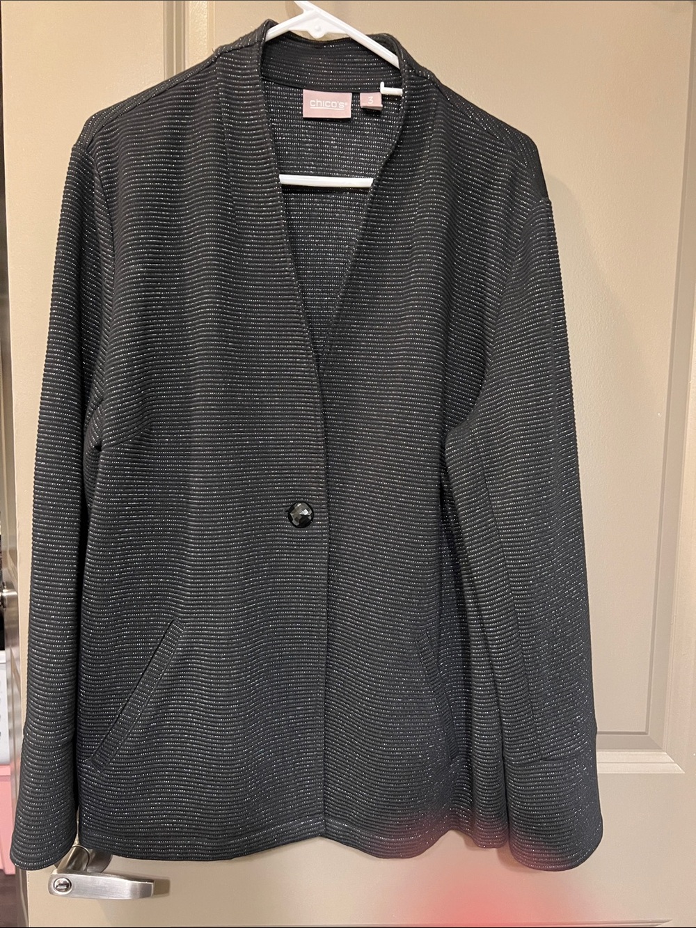 Chico's Size 3 Black Metallic-Thread Single-Button Knit Jacket Sweater